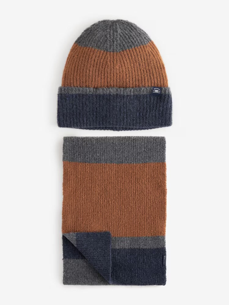 FATFACE Navy Colourblock Hat And Scarf Gift Set