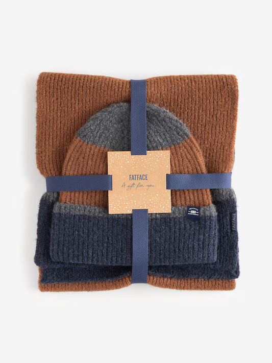 FATFACE Navy Colourblock Hat And Scarf Gift Set