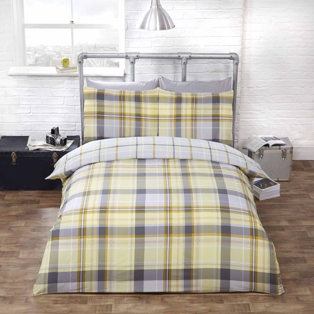 Rapport - Hamilton Check Reversible Duvet Set - Lemon/Grey