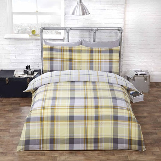 Rapport - Hamilton Check Reversible Duvet Set - Lemon/Grey