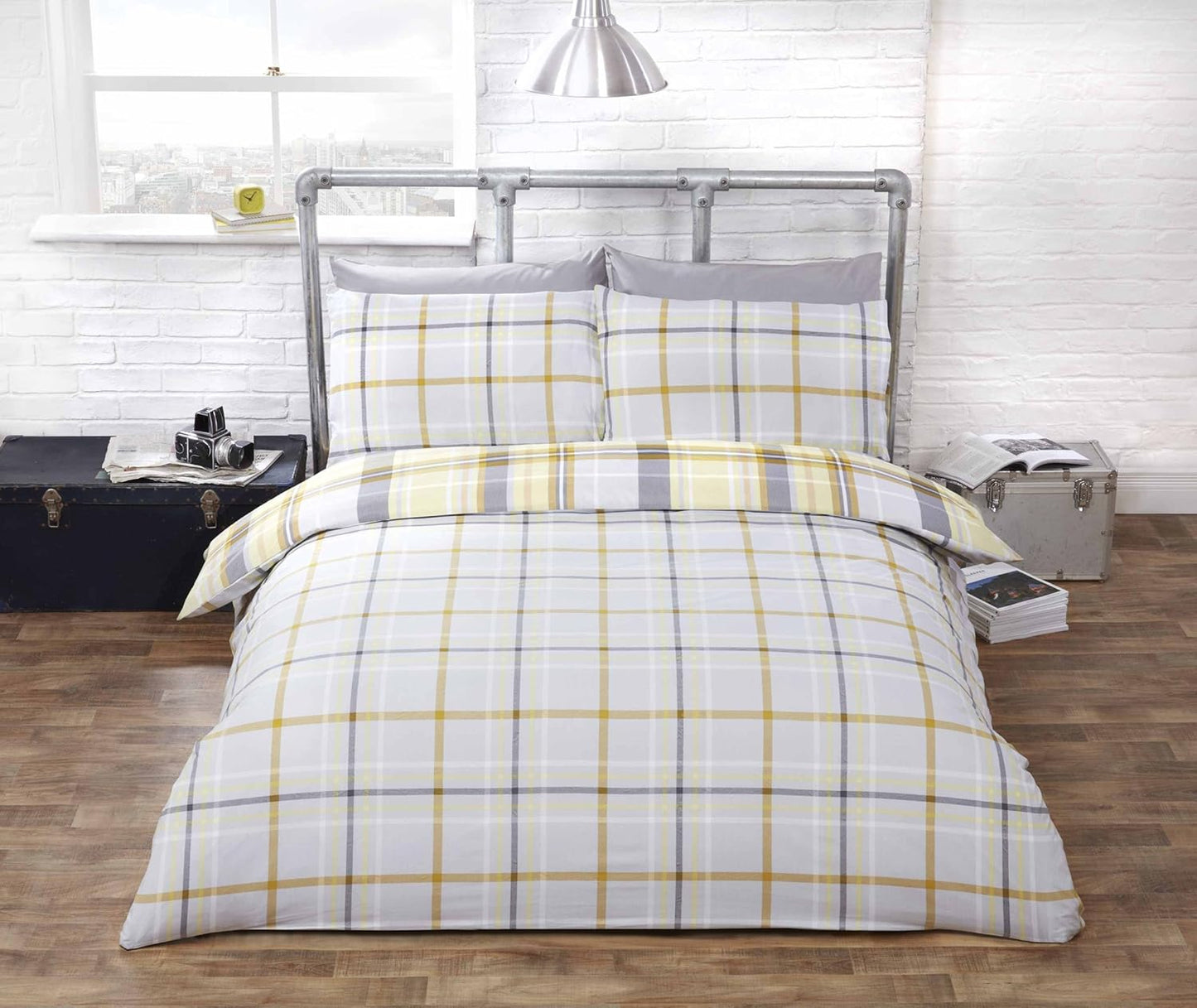 Rapport - Hamilton Check Reversible Duvet Set - Lemon/Grey